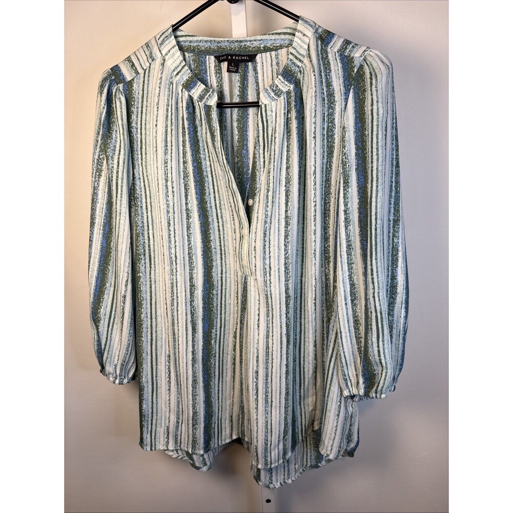 Zac & Rachel Lightweight Blue Stripe Top Puffy Sleeves V Neck Flattering Loose L